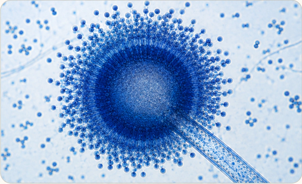 Microscopy-style educational recognition image of Aspergillus niger showing a blue-stained radiate conidial head.